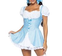 Women Halloween Dorothy Costume Dress Puff Short Sleeve Plaid Lace Trim Dress Fairy Cosplay Gingham A-line Dress(Sky Blue,Medium)