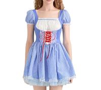 Women Halloween Dorothy Costume Dress Puff Short Sleeve Plaid Lace Trim Dress Fairy Cosplay Gingham A-line Dress(Lace Blue,X-Large)