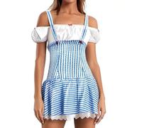 Women Halloween Dorothy Costume Dress Puff Short Sleeve Plaid Lace Trim Dress Fairy Cosplay Gingham A-line Dress(Cute Blue,Large)