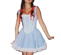 Women Halloween Dorothy Costume Dress Puff Short Sleeve Plaid Lace Trim Dress Fairy Cosplay Gingham A-line Dress(3Blue,Large)