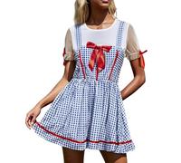 Women Halloween Dorothy Costume Dress Puff Short Sleeve Plaid Lace Trim Dress Fairy Cosplay Gingham A-line Dress(2Blue,X-Large)