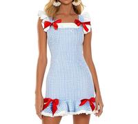 Women Halloween Dorothy Costume Dress Puff Short Sleeve Plaid Lace Trim Dress Fairy Cosplay Gingham A-line Dress(Blue,Small)