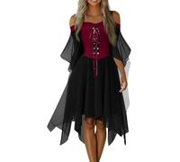 Women Halloween Dress Cold Shoulder Butterfly Sleeve Steampunk Gothic Dress | Trendy Lace Up Corset Party Dress Flowy Chiffon Irregular Hem Halloween Dresses Vampire Costume