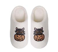 Women Halloween Fluffy Slippers Winter Warm Pumpkin Cat Embroidery Plush House Shoes Ladies Anti-Slip Slip On Soft Bedroom Home Fuzzy Slipper for Indoor Outdoor White