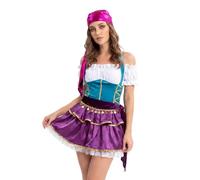 Women Halloween Fortune Teller Costumes Off Shoulder Dress with Headwrap | 2 piece tarot reader cosplay clothing set, pirate costume, purple color tone, ideal for Halloween party stage