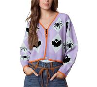 Women Halloween Ghost Patterns Sweater Cardigan Long Sleeve V Neck Knitted Outfit Cropped Contrast Spooky Season Casual Knitwear (A-Purple, L)
