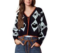 Women Halloween Ghost Patterns Sweater Cardigan Long Sleeve V Neck Knitted Outfit Cropped Contrast Spooky Season Casual Knitwear (A-Black, L)
