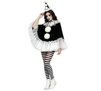Women Halloween Pierrot Clown Costume Mesh Cape Cloak Jester Cosplay Set | 4 pieces Halloween Cosplay Outfits, Spooky and Eye-catching, Black White Striped Pantyhose Hat Dress Up Outfit