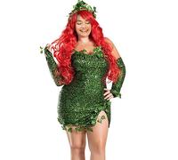 Women Halloween Poison Ivy Costume Deluxe Green Sequin Cosplay Accessories | Halloween Sparkling Fake Ivy Costume Adult Sleeveless Shiny Dress Green Leaves Bodysuit Green Leaves Arm Sleeves Headband Set