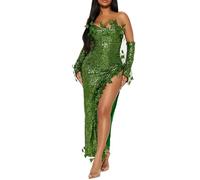 Women Halloween Poison Ivy Fairy Costume Fake Leaves Sleeveless Sequin Bodycon Maxi Dress With Gloves Cosplay Party (army green, S)