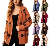 Women Halloween Pumpkin Jacquard Knit Cardigan Soft Open Front Sweater | Long Sleeve V Neck Knit Sweater Coat, Loose Rib Knit Longline Outwear, Autumn Funny Print Cardigan, Casual Warm Knit Jacket