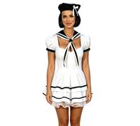 Women Halloween Sailor Costume Navy Captain Dress Beret Hat And Scarf Set | Black White Puff Short Sleeve Layered Mini Dress 50s Style Nautical Retro Outfit 3piece Schoolgirl Cosplay Uniform Witch Wear