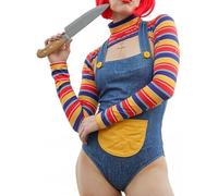 Women Halloween Scream Doll Costume Creepy Killer Cosplay Top Overalls Set | Long Sleeve High Neck Rainbow Stripe T-shirt Letter Print Blue Shorts Bodysuit Movie Character Horror Doll Nightmare Jumpsuit