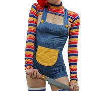 Women Halloween Scream Doll Costume Creepy Killer Cosplay Top Overalls Set | Long Sleeve High Neck Rainbow Stripe T-shirt Letter Print Blue Shorts Bodysuit Movie Character Horror Doll Nightmare Jumpsuit