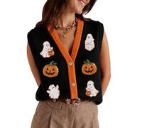 Women Halloween Sequin Sweater Vest Pumpkin Spooky Embroidered Knitted Vest | Sequin Pumpkin Spooky Embroidery, V Neck, Button Down, Knitted Waistcoats, Halloween Sweater Vest