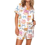 Women Halloween Shorts Pajamas Set Short Sleeve Ghost Pumpkin Print Sleepwear Gingerbread Element Button Down 2 Piece Loungewear (B-black, L)
