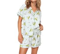 Women Halloween Shorts Pajamas Set Short Sleeve Ghost Pumpkin Print Sleepwear Gingerbread Element Button Down 2 Piece Loungewear (B-Green, S)