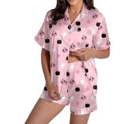 Women Halloween Shorts Pajamas Set Short Sleeve Ghost Pumpkin Print Sleepwear Gingerbread Element Button Down 2 Piece Loungewear (A-Pink, S)