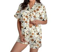 Women Halloween Shorts Pajamas Set Short Sleeve Ghost Pumpkin Print Sleepwear Gingerbread Element Button Down 2 Piece Loungewear (A-Creamy White, S)