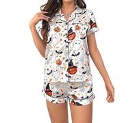 Women Halloween Shorts Pajamas Set Short Sleeve Ghost Pumpkin Print Sleepwear Gingerbread Element Button Down 2 Piece Loungewear (C-White, S)
