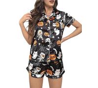Women Halloween Shorts Pajamas Set Short Sleeve Ghost Pumpkin Print Sleepwear Gingerbread Element Button Down 2 Piece Loungewear (C-Black, M)