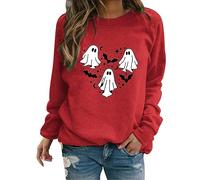 Women Halloween Sweatshirt Bat Print Crewneck Long Sleeve Pullover Ladies Casual Party Loose Fit Tops Fall T Shirts Festival Clothes Red