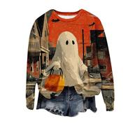 Women Halloween Sweatshirt Ghost Towns 3D Print Sweatshirt Loose Creepy Pullover Comfy Long Sleeve Fall Warm Fashion Top Clothes For Halloween Events (Grey, M)