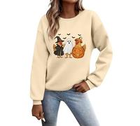 Women Halloween Sweatshirt Pumpkin Bat Ghost Graphic Sweatshirt Casual Creepy Top Long Sleeve Scary Autumn Festive Top Home Halloween Decoration (Beige, S)