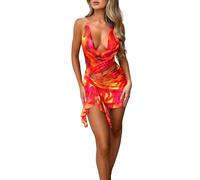 Women Halter Deep V Neck Ruched Mini Dress Sleeveless Backless Tie Dye Print Party Dress Cut Out Bodycon Short Dress Y2K Streetwear (Orange Red, S)