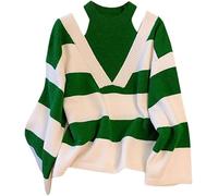 Women Halter Fake Two Piece Striped Knitted Pullovers Sweater-Stylish Casual Off Shoulder Long Sleeve Knit Tops Fall Winter for Daily Wear (Green,L)