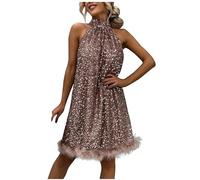 Women Halter Neck Sequin Dress Sleeveless Sparkly Glitter Mini Dresses Elastic Waist Cocktail Party Club Dress Evening Formal Clubwear Ladies Rose Gold