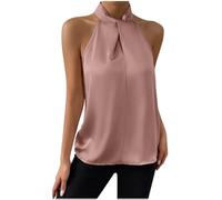 Women Halter Neck Vest Tops Summer Sleeveless Tank Tops Satin Blouse Loose Fit Solid Elegant Party T Shirts Silk Shirt Cami Casual Blouses Tees Tunics Camisole Tank Top UK Size 8-14