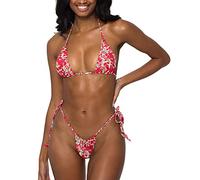 Women Halter String Bikini Set Sexy Thong Cheeky Two Piece Swimsuits Solid Color Bathing Swimwear, Red Flower, Small
