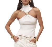 Women Halter Top Twist Front Sexy Ring Pleated Tank Top Turtleneck Dressy Sleeveless Summer Vest Streetwear, White, M