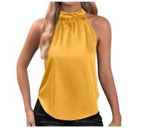 Women HalterNeck Vest Tops Summer Sleeveless Satin Tank Tops Loose Fit Solid Elegant Party T Shirts Silk Shirt Ladies Off Shoulder Summer Top Tank Work Shirt Tunic Camisole Fashion (Yellow, M)