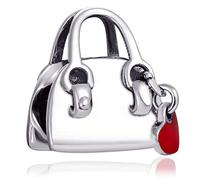 Women Handbag Charms fit Pandora Valentines Bracelet, 925 Sterling Silver Travel Shopping Bag Wedding Anniversary Beads with Red Enamel Heart, Gift for Daugter/Sister/Wife/Bride