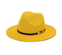 Women Handmade Straw Panama Hat with Belt Buckle Wide Brim Solid Color Adjustable UPF 80+ Casual Fedora Hats Summer Beach Travel Cap Yellow