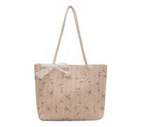 Women Handwoven Straw Handbag with Lace Ribbon Bowknot Flower Embroidery Large Capacity Shoulder Bag for Beach Vacation