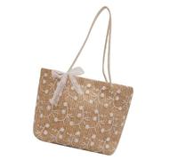 Women Handwoven Straw Handbag with Lace Ribbon Bowknot Flower Embroidery Large Capacity Shoulder Bag for Beach Vacation