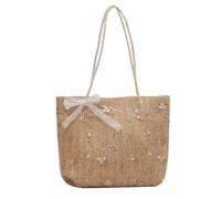 Women Handwoven Straw Handbag with Lace Ribbon Bowknot Flower Embroidery Large Capacity Shoulder Bag for Beach Vacation