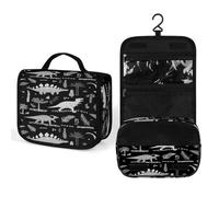 Women Hanging Toiletry Wash bag, Travel Cosmetic Bag, Makeup Organizer Brush Case, Storage with Hook 8.9x7.3 in Print Grey Funny Dinosaurs with Forest Palm Leaves on Black
