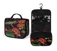 Women Hanging Toiletry Wash bag, Travel Cosmetic Bag, Makeup Organizer Brush Case, Storage with Hook 8.9x7.3 in Print Vintage Embroidery Red Poppies Peonies Green Dragonflies