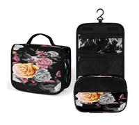 Women Hanging Toiletry Wash bag, Travel Cosmetic Bag, Makeup Organizer Brush Case, Storage with Hook 8.9x7.3 in Print Humming Bird, Yellow Blue Grey White Roses and Peonies