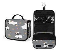 Women Hanging Toiletry Wash bag, Travel Cosmetic Bag, Makeup Organizer Brush Case, Storage with Hook 8.9x7.3 in Print Black White Sheep Lambs Wild Flowers on a Dark Gray Background