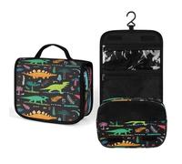 Women Hanging Toiletry Wash bag, Travel Cosmetic Bag, Makeup Organizer Brush Case, Storage with Hook 8.9x7.3 in Print Colorful Funny Dinosaurs with Forest Palm Leaves on Black