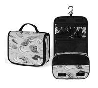Women Hanging Toiletry Wash bag, Travel Cosmetic Bag, Makeup Organizer Brush Case, Storage with Hook 8.9x7.3 in Print Seamless Black Grey Banana Leaves and Bananas on Grey