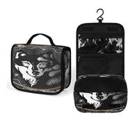 Women Hanging Toiletry Wash bag, Travel Cosmetic Bag, Makeup Organizer Brush Case, Storage with Hook 8.9x7.3 in Print Black White Wolf in Dreamcatcher on Dark Grey Background