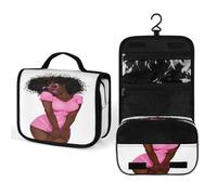 Women Hanging Toiletry Wash bag, Travel Cosmetic Bag, Makeup Organizer Brush Case, Storage with Hook 8.9x7.3 in Print African American Black Woman Pink Dress Brown Afro Hairstyle