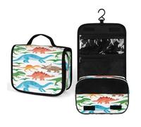 Women Hanging Toiletry Wash bag, Travel Cosmetic Bag, Makeup Organizer Brush Case, Storage with Hook 8.9x7.3 in Print Seamless Colorful Cute Dinosaurs Animals on White
