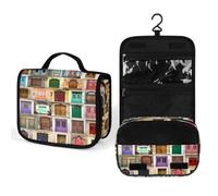 Women Hanging Toiletry Wash bag, Travel Cosmetic Bag, Makeup Organizer Brush Case, Storage with Hook 8.9x7.3 in Print Ancient Wooden Door From all Around The World